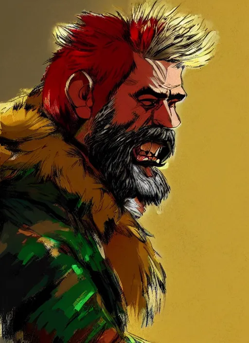 Image similar to Full body portrait of an old muscular man with blonde hair and beard wearing bear skin and red, green and gold jacket. In style of Yoji Shinkawa and Hyung-tae Kim, trending on ArtStation, dark fantasy, great composition, concept art, highly detailed.