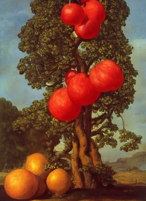 Prompt: [Jeff Koons] [oil painting] of a [tree] in the style of [rembrant], [sculpture] and [hyperrealism], lots of big red fruit on the tree