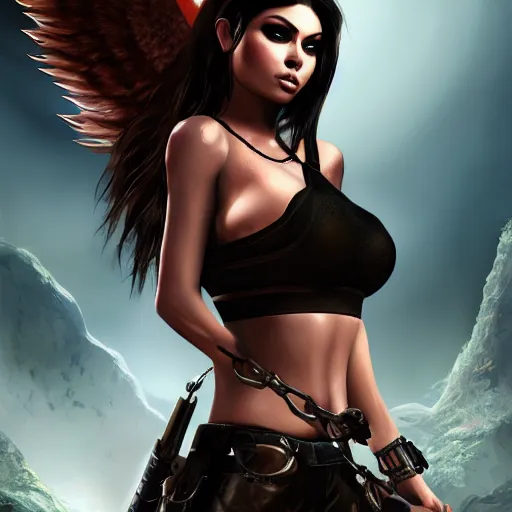 Prompt: portait princess haifa wehbe as lara croft angel of darkness cover, centred, very long hair, hd, unreal engine, art digital painting, amazing background theme