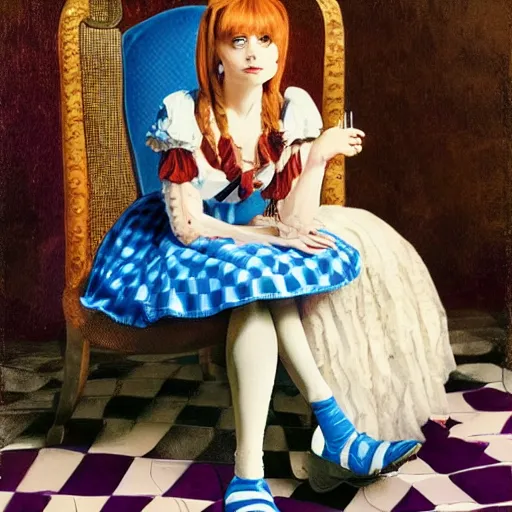 Image similar to alice in the wonderland, sitting, checkered floor, chair, blue dress, blonde by cheval michael