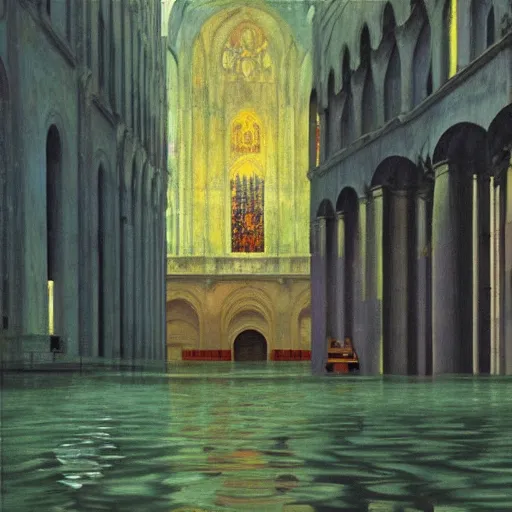 Image similar to a flooded cathedral, film still by edward hopper, by Bosch, by klimt, art noveau, highly detailed, strong lights, liminal, eerie, Bright pastel colors