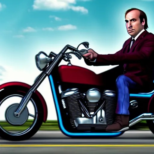 Image similar to Saul Goodman driving a motorcycle, highly detailed, 4k