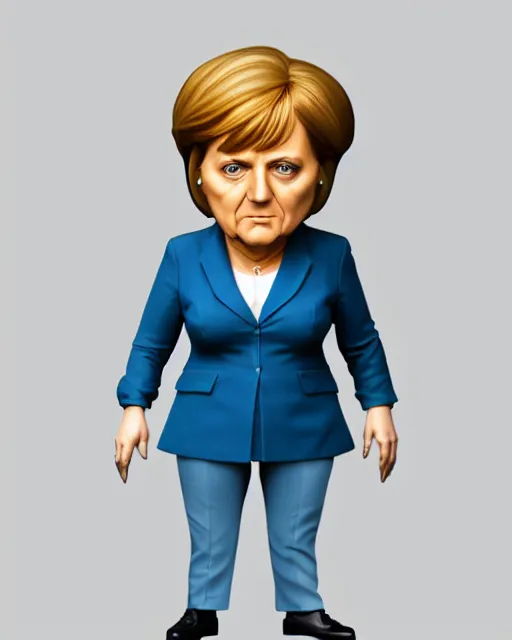 Image similar to full body 3d render of angela merkel as a funko pop, studio lighting, white background, blender, trending on artstation, 8k, highly detailed