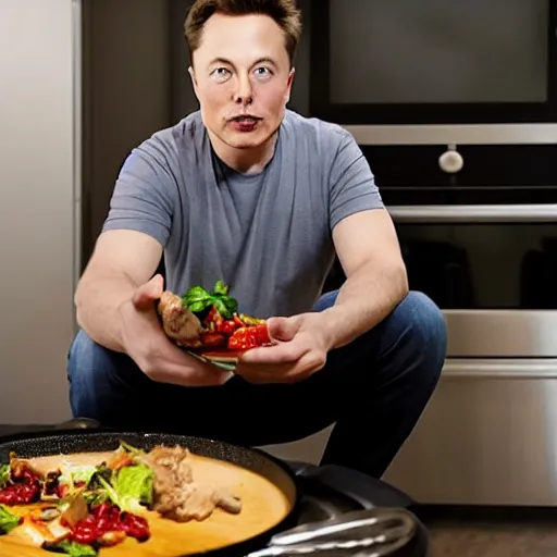 Image similar to picture of elon musk with blue eyes watching tv while cooking a meal, good lighted photo, sharp details, detailed, hd, hdr