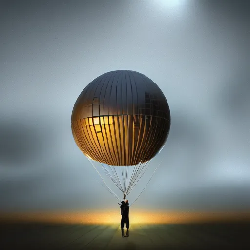 Image similar to a foating house in mid air held by ballons, dept of field, cinematic, volumetric lightening, octane render