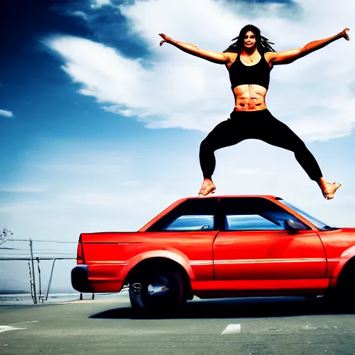 Image similar to car jumping, bodybuilder, woman, holding, photo, digital art, hands, underbody, throw, tire, standing, asphalt