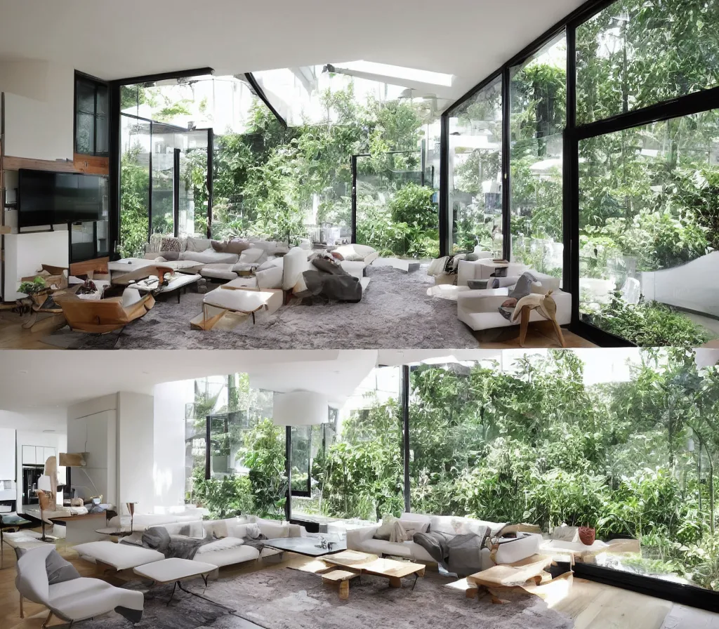 Image similar to a modern interior design, living room, residential design, floor - to - ceiling windows, and garden landscape outside the window ， by gracinha viterbo, trending ，