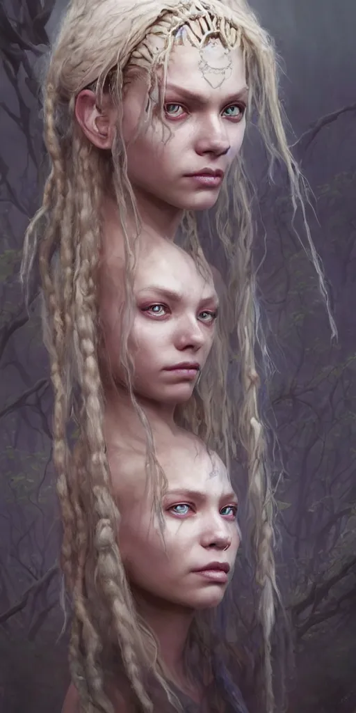 Image similar to fantasy changeling girl with blonde dreadlocks revealing her true nature, staring eyes, dim light, front game card, marvel comics, dark, intricate, highly detailed, smooth, smirking, artstation, digital illustration by ruan jia and mandy jurgens and artgerm and wayne barlowe and greg rutkowski and zdislav beksinski