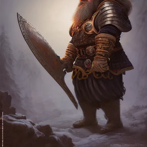 Image similar to a beautiful ultradetailed portrait of a dwarf king with a great beard! large double sided axe in his hand, with a round shield in his other hand, by greg rutkowski, karol bak and peter mohrbacher, volumetric lighting, magical realism, dark, dwarf king