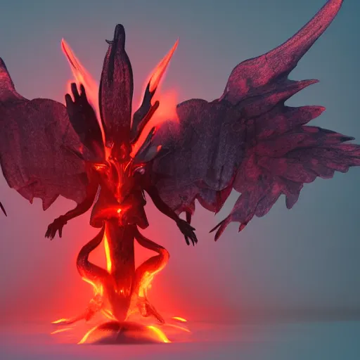 Image similar to abstract shadow demon with wings red hunter eyes, highly realistic photo realistic octane render blender highly detailed 8 k