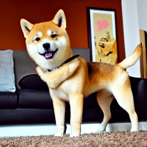 Image similar to doge the shiba - inu as a metallic cyborg, in a sunny suburban living - room.