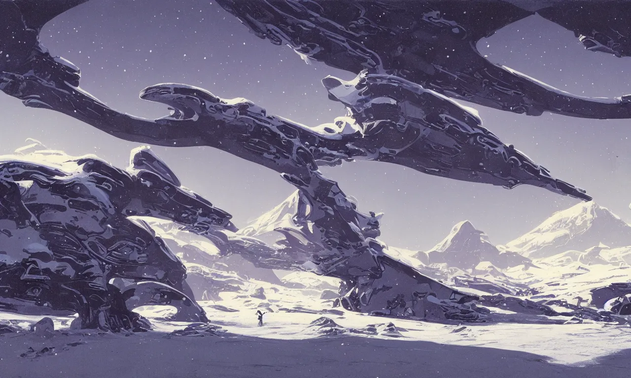 Image similar to frozen wasteland on an alien science-fiction planet with distant mountains and snow by Syd Mead, Federico Pelat