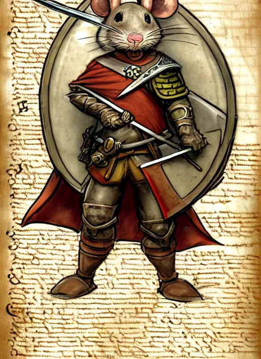 Image similar to a heroic mouse knight with sword and shield on a parchment background, redwall, greg rutowski and jean baptiste monge, detailed, epic fantasy concept art, full body