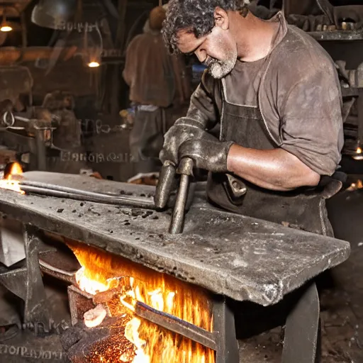 Image similar to A blacksmith working at his anvil in a dark, smoke-filled workshop, 100mm lens, very detailed, no blur, sharp focus, realistic