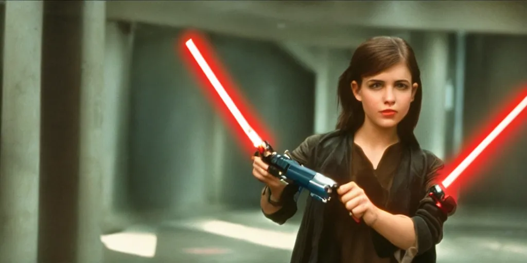 Image similar to a full color still of a young adult brunette girl holding a lightsaber hilt, cinematic lighting, 1999, directed by Steven Spielberg, 35mm