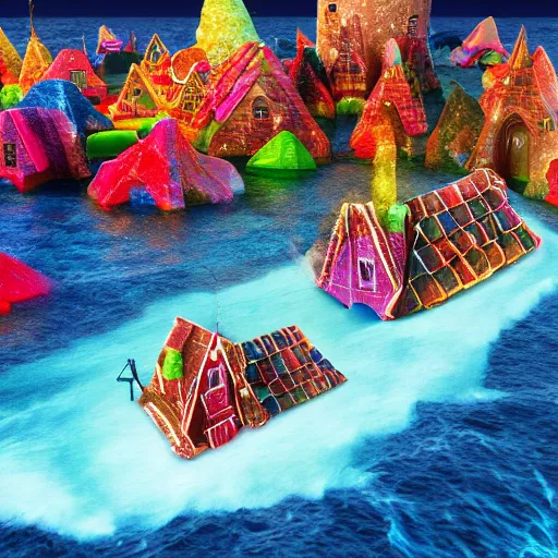 Prompt: a witches house made out of candies on the ocean, epic scene, fantasy, redshift render, cgi, hyper - detailed, photo - bash, 8 k post - production, masterpiece