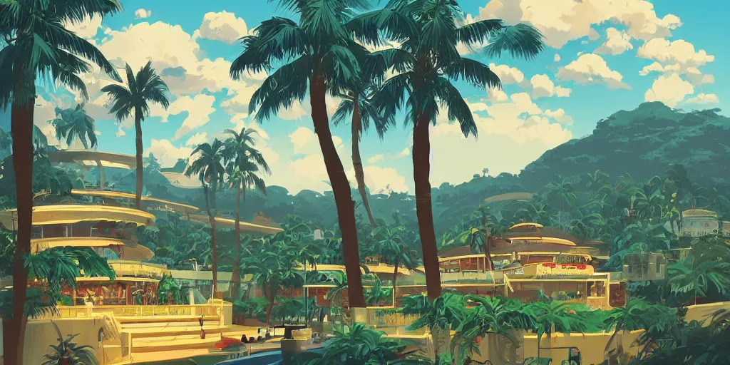 Image similar to casino on top of a hill with palmtrees, game background median photoshop filter cutout vector behance hd by jesper ejsing, by rhads, makoto shinkai and lois van baarle, ilya kuvshinov, rossdraws, illustration, art by ilya kuvshinov and gustav klimt