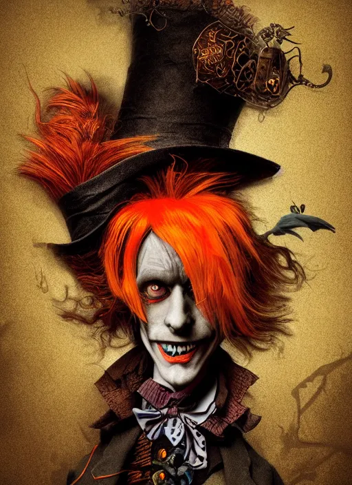 Prompt: a photorealistic dramatic hyperrealistic portrait render of an eerie mad hatter character with orange hair from alice in wonderland by joe fenton, poster art design, intricate details, beautiful dynamic dramatic dark moody tones and lighting, shadows, cinematic atmosphere, octane render, 8 k