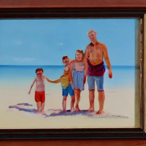 Prompt: family on the beach, early twenty century, hand painted photo