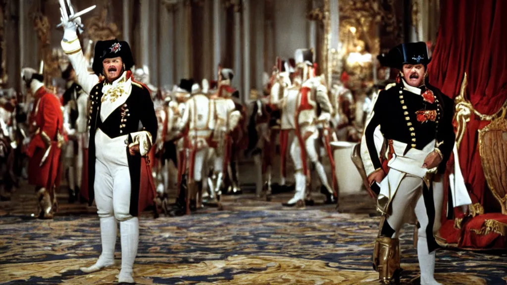 Image similar to film still of jack nicholson as napoleon in stanley kubrick's movie of napoleon, seventies cinema, vintage, by stanley kubrick, cinematic lighting, cinematic composition, ultra realistic, panavision, wide screen