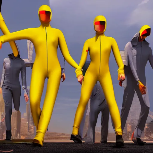 Image similar to futuristic world with people wearing yellow jump suits, 8 k resolution, cinematic lighting, anatomically correct