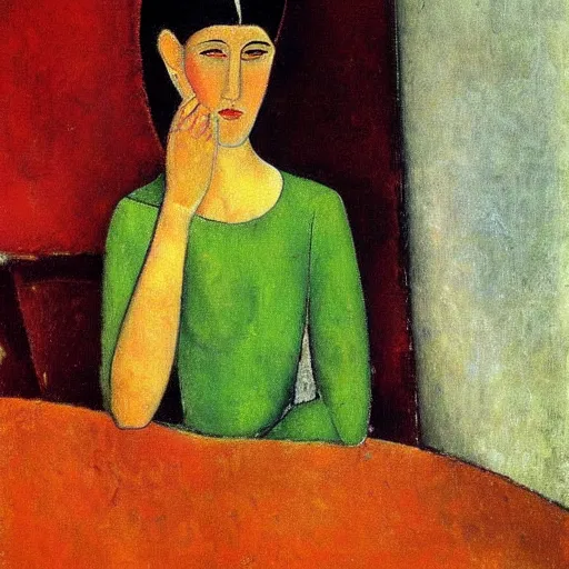 Prompt: beautiful portrait of a woman who is green with envy sitting by a window by amedeo modigliani