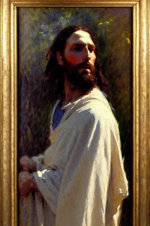 Image similar to impressionist brushstrokes!!!!!!!!! solomon joseph solomon and richard schmid and jeremy lipking victorian loose genre loose painting full length portrait painting of jesus with a slight smile