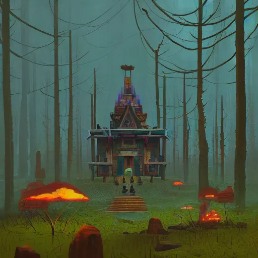 Prompt: “inside the Forest Temple from LOZ: OOT hyperrealism in the style of Simon Stålenhag. Trending on artstation”