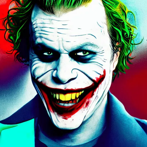 Image similar to heath ledger playing joker in batman movie by alex pardee and nekro and petros afshar, unstirred paint, vivid color, cgsociety 4 k