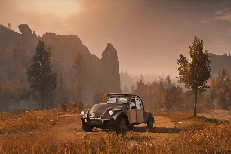 Image similar to offroad citroen 2 cv ( 1 9 6 5 ) driving across the rift, riften city in the background, epic fantasy, autumn, the elder scrolls v : skyrim, dramatic lighting, establishing shot, by simon stalenhag