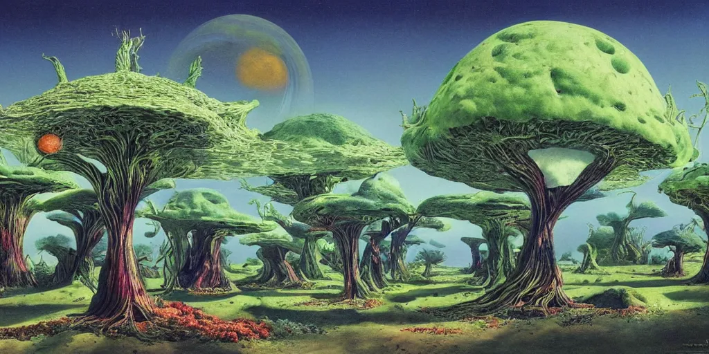 Prompt: botanical, extraterrestrial trees with fractal fruits, morning, quiet planet, teratology, land, roger dean