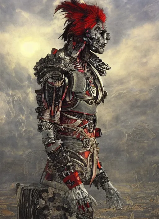 Image similar to portrait of a diabolical cyborg clown samurai, torn cape, adaptive armor, dynamic pose, heavy eyes to the side, ancient ruins, glowing veins subsurface scattering, in clouds, sunset, portrait, by gerald brom, by mikhail vrubel, by peter elson, muted colors, extreme detail, reflections, trending on artstation, 8 k