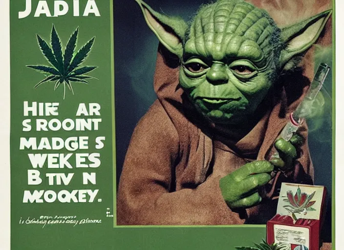 Image similar to vintage travel advertisement for jamaica, of yoda made out of green cannabis sativa, smoking a bong