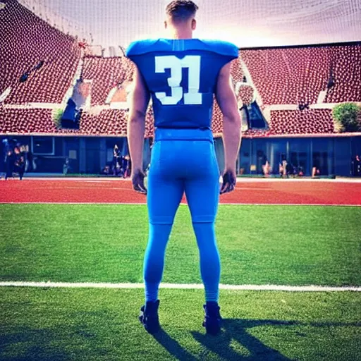 Image similar to “ a realistic detailed photo of a guy who is an attractive humanoid who is half robot and half humanoid, who is a male android, football player christian mccaffrey, shiny skin, posing like a statue, blank stare, on the field, on display ”