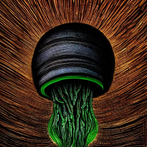 Image similar to beautiful roud mushroom cap - alien, bottom view, luminous lamellae are clearly visible, Giger, black background, hyper realism, epic composition