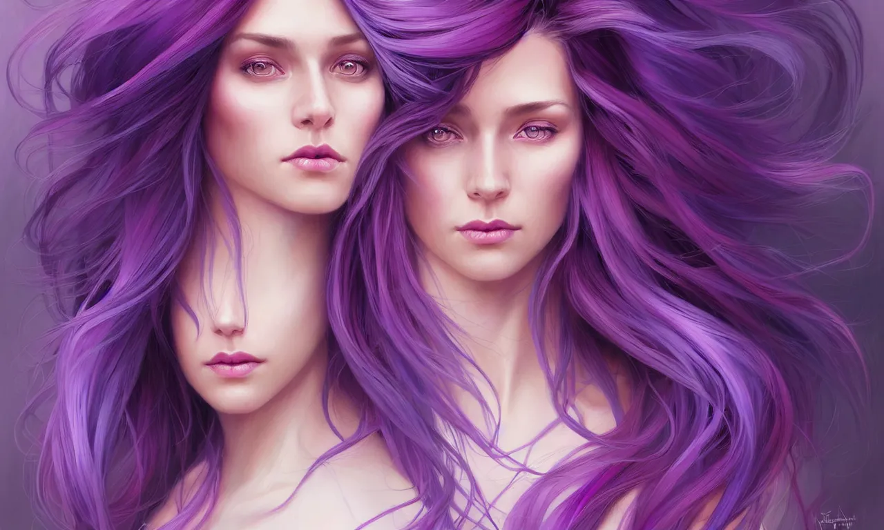 Image similar to Portrait of a woman with bright colored flying hair, all shades of purple. Hair coloring, amber eyes, face, long hair, fantasy, intricate, elegant, highly detailed, digital painting, artstation, concept art, smooth, sharp focus, illustration, art by artgerm and greg rutkowski and alphonse mucha