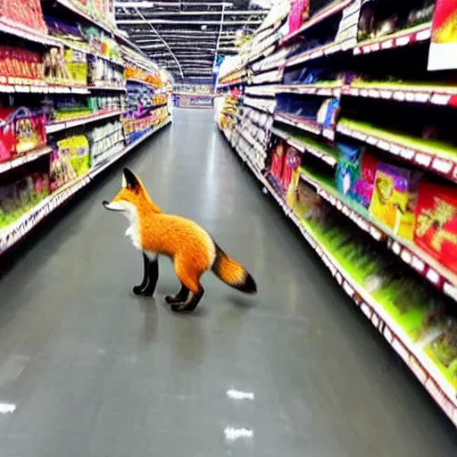 Prompt: fox animal walking around in walmart