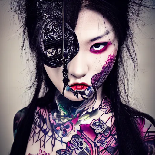 Image similar to japanese gothic model with maximalist hair style and kanji tattoos, dark colors, fashion model, portrait shot, depth of field, 8 k, hyper detailed, intricate, trending on artstation