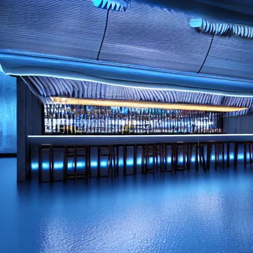 Image similar to a bar made with translucid fabric, water in front, parametric, blue hour, hyperrealistic, elevation, vray, unreal engine, trending on artstation