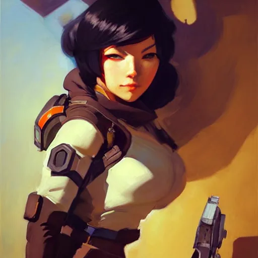 Image similar to Greg Manchess portrait painting of Mikasa Ackermann as Overwatch character, medium shot, asymmetrical, profile picture, Organic Painting, sunny day, Matte Painting, bold shapes, hard edges, street art, trending on artstation, by Huang Guangjian and Gil Elvgren and Sachin Teng