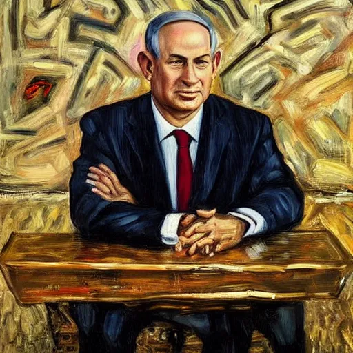 Image similar to benjamin netanyahu on a victorian style bad old deteriorating walls in the background in the style of lucian freud, painting, dark, brush strokes