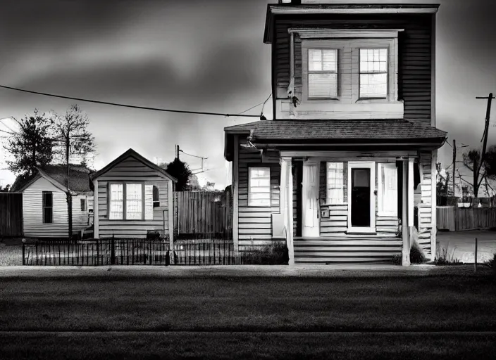 Image similar to small suburban houses in America at night inspired by Edward Hopper, Photographic stills, photography, fantasy, moody lighting, dark mood, imagination, cinematic