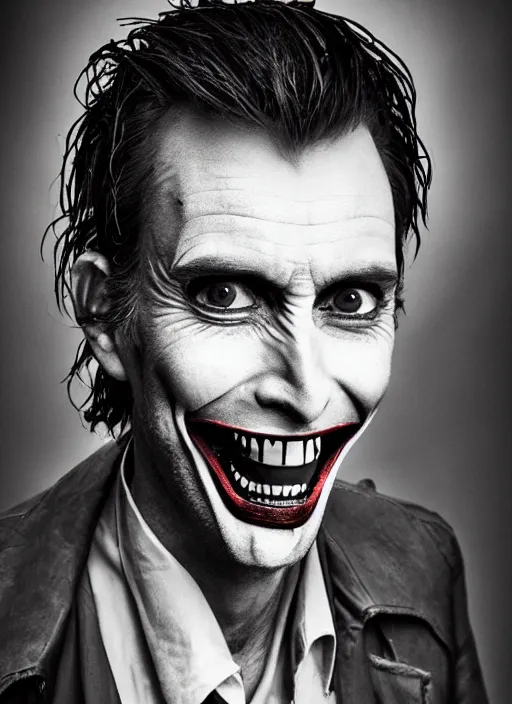 Prompt: photo of David Tennant as the Joker by Lee Jeffries and Eolo Perfido, big smile, head shot, detailed, award winning, Sony a7R, trending on artstation