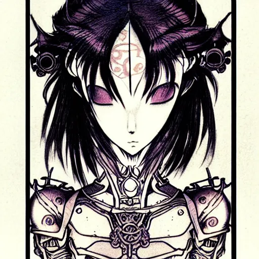 Prompt: prompt: Fragile looking character soft light portrait face drawn by Takato Yamamoto, modernistic looking armor with wild hairstyle, tattooed face, inspired by Sailor Moon anime, alchemical objects on the side, soft light, intricate detail, intricate ink and gouache painting detail, manga and anime 1990 high detail, manga and anime 2010
