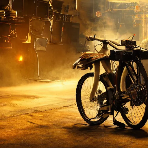 Prompt: bicycle mecha, dark messy smoke - filled cluttered workshop, dark, dramatic lighting, orange tint, cinematic, highly detailed, sci - fi, futuristic, movie still