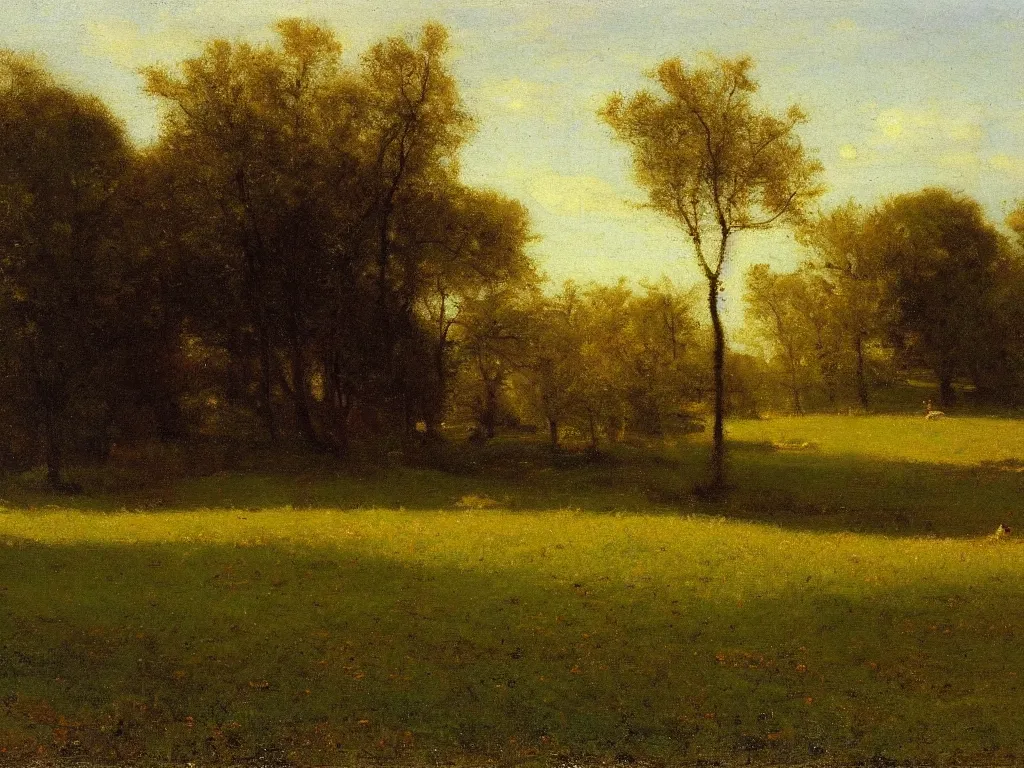 Prompt: a beautiful landscape, springtime morning, by george inness, oil on canvas, luminism, hyperrealism