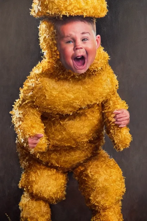 Image similar to channing tatum in a tater tot costume, oil on canvas, intricate, portrait, 8 k highly professionally detailed, hdr, cgsociety