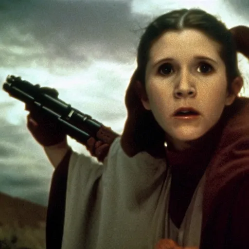 Image similar to film still of carrie fisher as a kid in new star wars movie, dramatic lighting, highly detailed face, kodak film, wide angle shot,