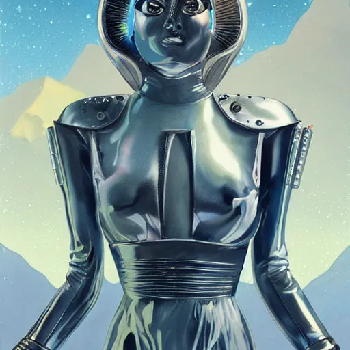 Image similar to portrait of barbarella queen of the galaxy, silver space suit, intricate, bloom, detailed, volumetric lighting, sharp focus, photorealism, digital painting, highly detailed, concept art, by roger dean and simon stalenhag and mark brooks