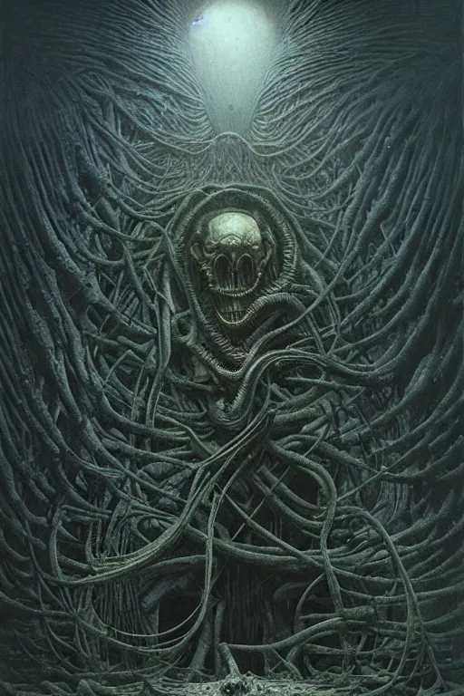 Image similar to eaten by giger, zdzisław beksinski, greg rutkowski, maxim verehin